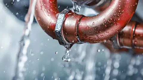 Close-up of a leaking copper pipe with water spraying from the joint, highlighting the importance of pipe protection to prevent pipes from bursting in cold weather.