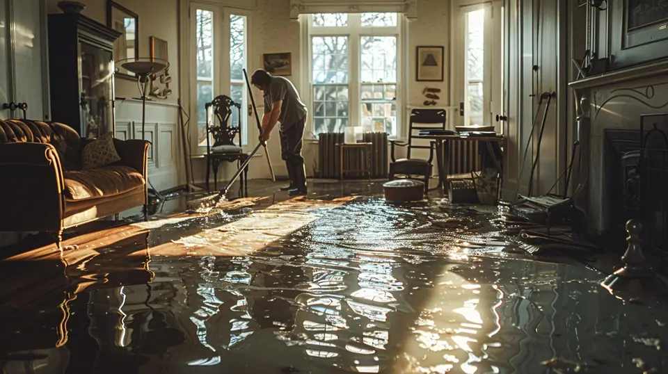 A person wearing boots uses a mop for water damage cleanup in a living room flooded with sunlight streaming through large windows.