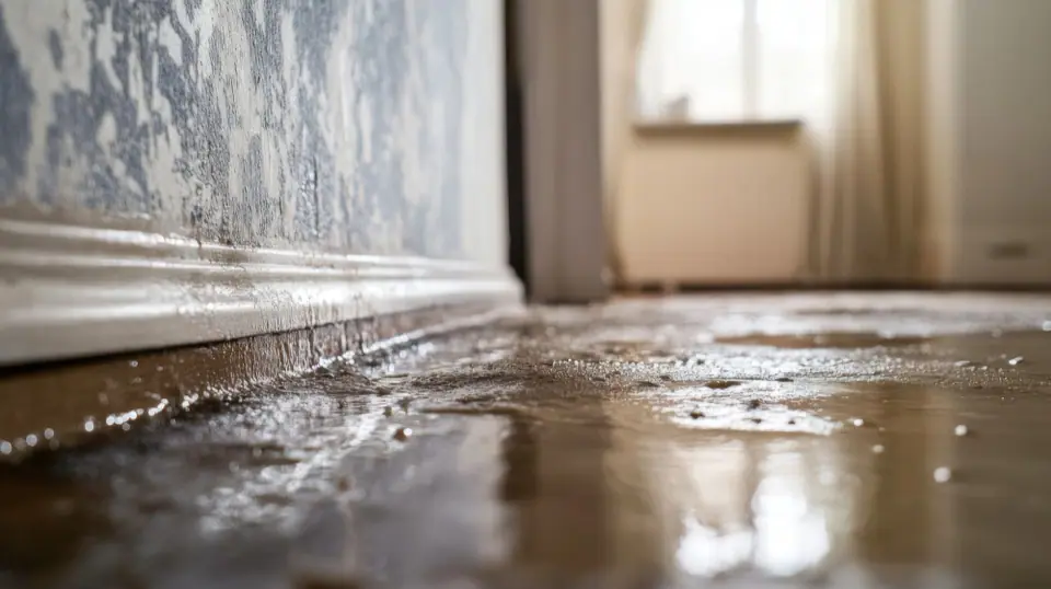 Water flooding a room, pooling on the wooden floor near a wall with peeling paint, suggesting water damage.