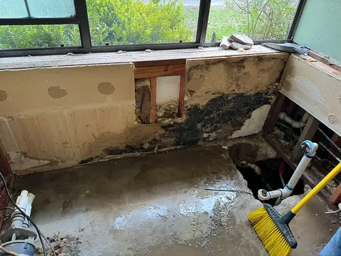 A partially demolished wall with exposed insulation and extensive black mold growth; the floor has a hole near plumbing pipes, and a yellow broom lies nearby, hinting at how fast black mold can grow in damp conditions.
