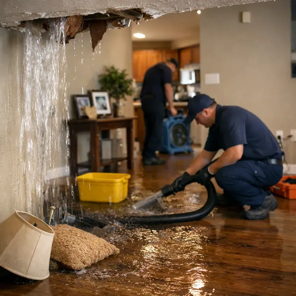 Two workers clean and vacuum water from a flooded living room floor as water pours from a damaged ceiling above, handling emergency burst pipe repair.