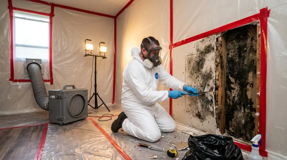 Mold remediation specialist in white protective coveralls and full-face respirator removing mold-stained drywall inside a plastic containment zone with a HEPA air scrubber.