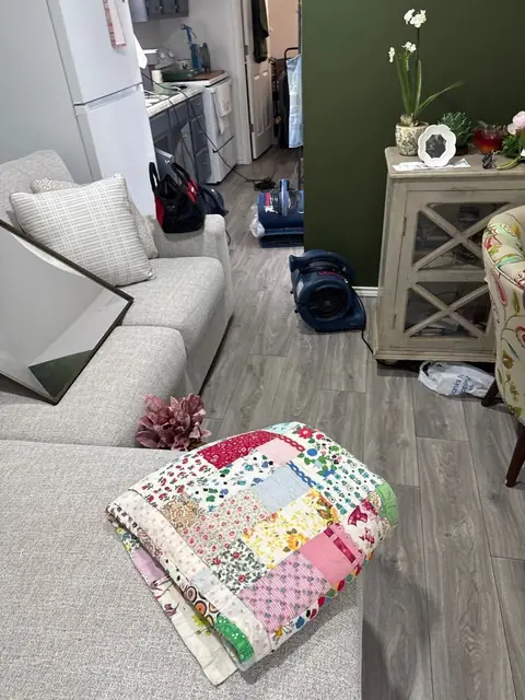 Air movers drying a living room floor beside a sofa