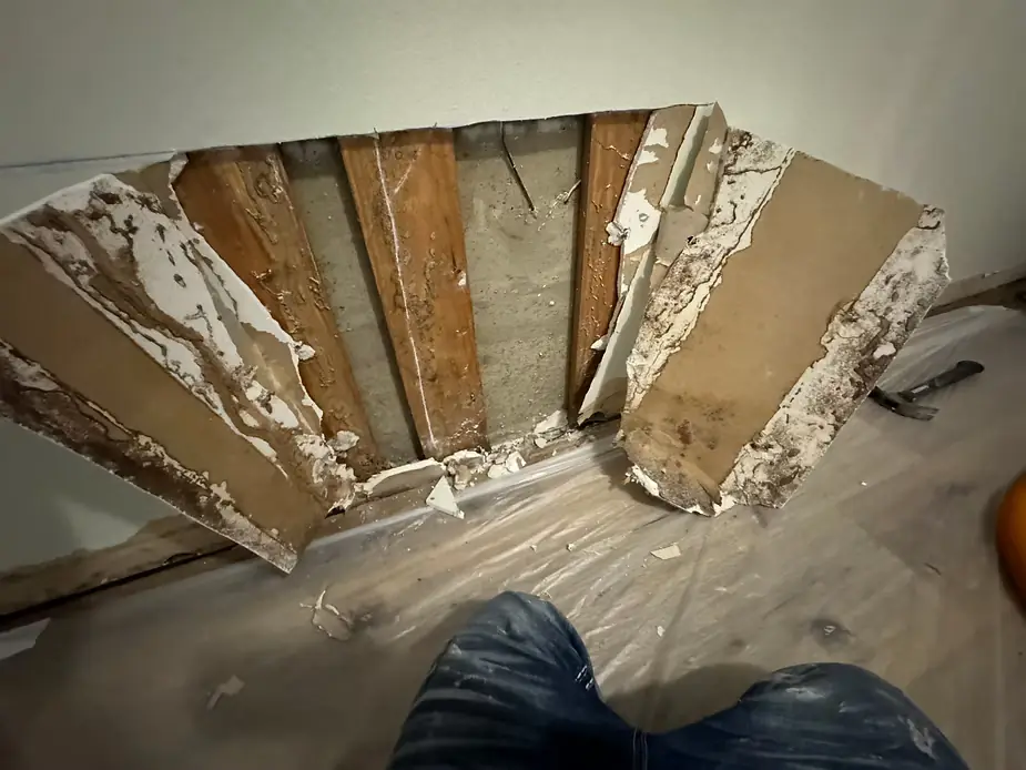 Wet drywall cut open to the studs after water damage, plastic laid over the floor