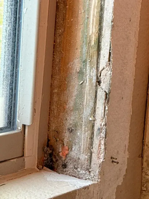 Mold and water damage inside a window frame after the trim was removed