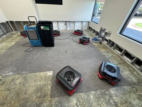 Office room with flood cuts on every wall and air movers on the subfloor