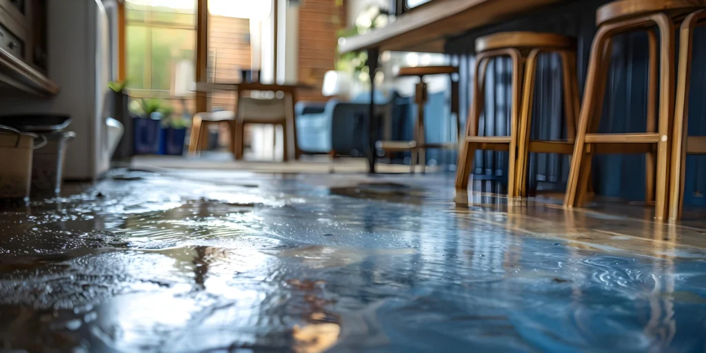 Flooded floor in a modern kitchen or dining area, with water reflecting stools, tables, and chairs—raising the question: does homeowners insurance cover water damage in Texas?.