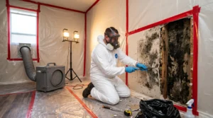 Mold remediation specialist in white protective coveralls and full-face respirator removing mold-stained drywall inside a plastic containment zone with a HEPA air scrubber.